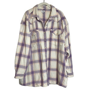 Wrangler Womens Pearl Snap Shacket Size Large White Purple Plaid Cotton Blend